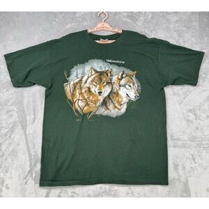 Vintage Yellowstone Gildan T-Shirt Mens XL Green Wolves Print Heavy Cotton